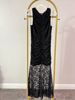 Leith Black Ruched Lace Maxi Dress Y2K Gothic Sheer Size M